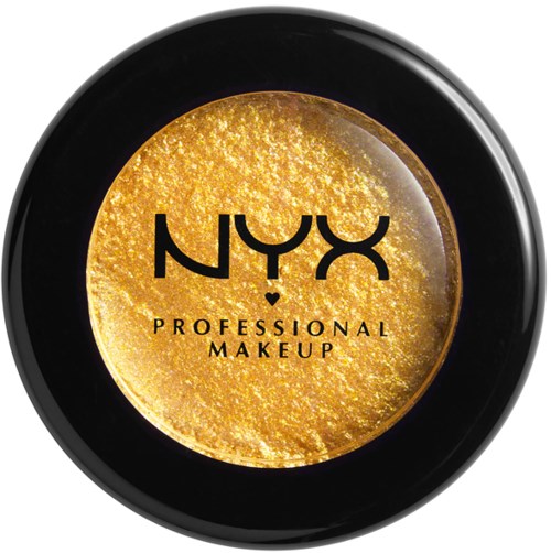 En rund NYX-makeupbehållare med guldig glitterögonskugga inuti. Svart kant omger produktetiketten: NYX Professional Makeup.