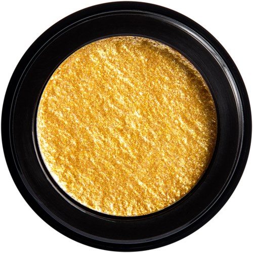 En rund svart behållare fylld med gyllene, glittrande pulver, kanske smink eller glitter. Tydligt och skinande utseende.