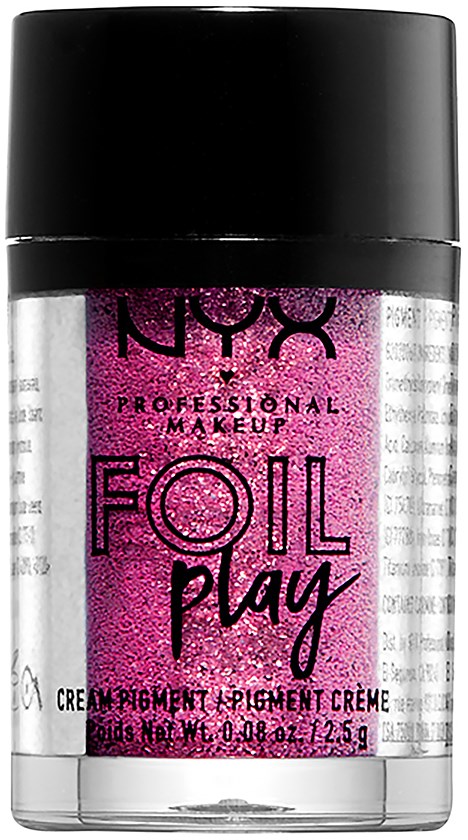 En liten burk med NYX Foil Play pigment med rosa glitter, svart lock och genomskinlig behållare, visar märket och glitter inuti.