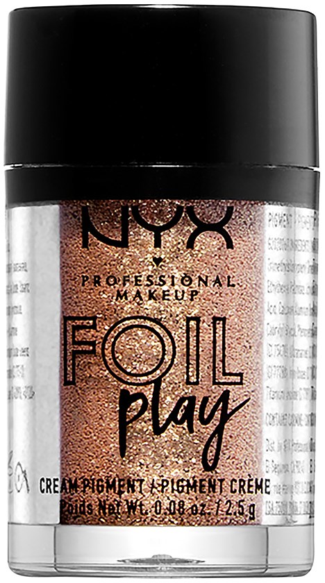 Glansig roséguldspiegel i en tydlig burk märkt NYX FOIL Play, med ett svart lock.