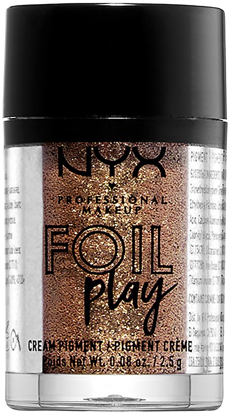 En liten behållare med glittrig guldmakeuppigment från NYX, märkt 'Foil Play.'