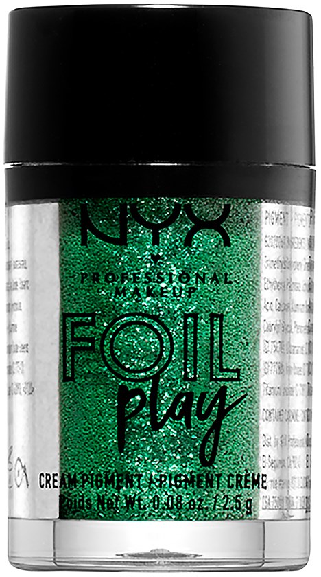 En liten burk med NYX professionell makeupgelpigment i grönt glitter. Svart lock och genomskinlig kropp som visar färgen inuti.