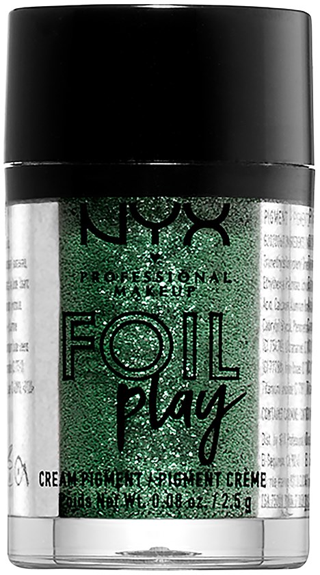 Ett litet burk med NYX Professional Makeup-folie pigment i grönt. Burkens lock är svart och kroppen är tydlig.