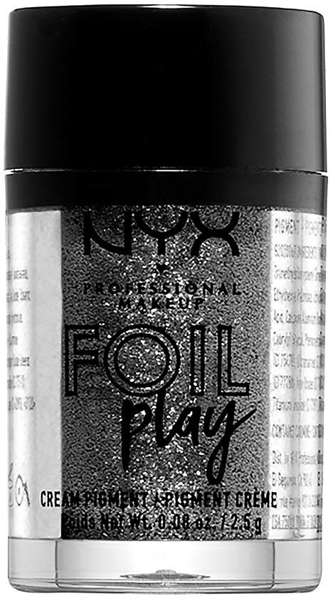 En liten burk med NYX Professional Makeup Face & Body Glitter i silver med svart lock.