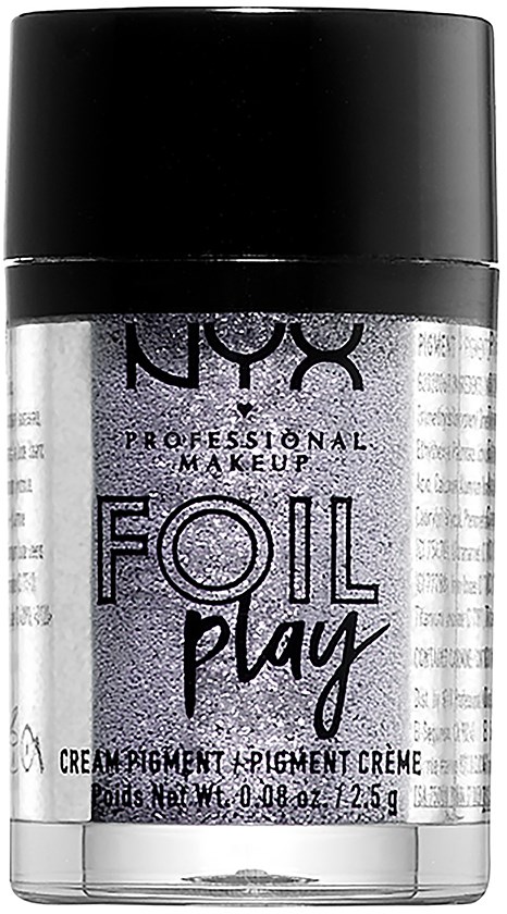 En liten krukke med NYX Face & Body Glitter med svart lokk, sølvgull inni og svart tekst på etiketten.