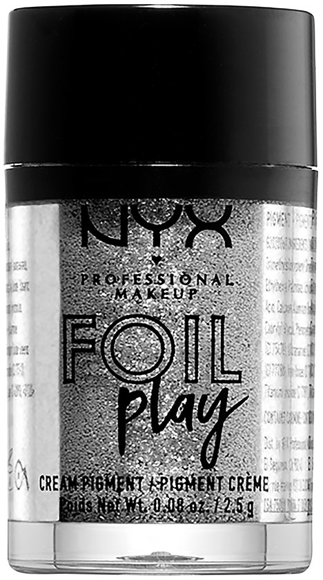 En liten burk med NYX Professional Makeup foil pigment cream med svart lock och glänsande silveretikett.