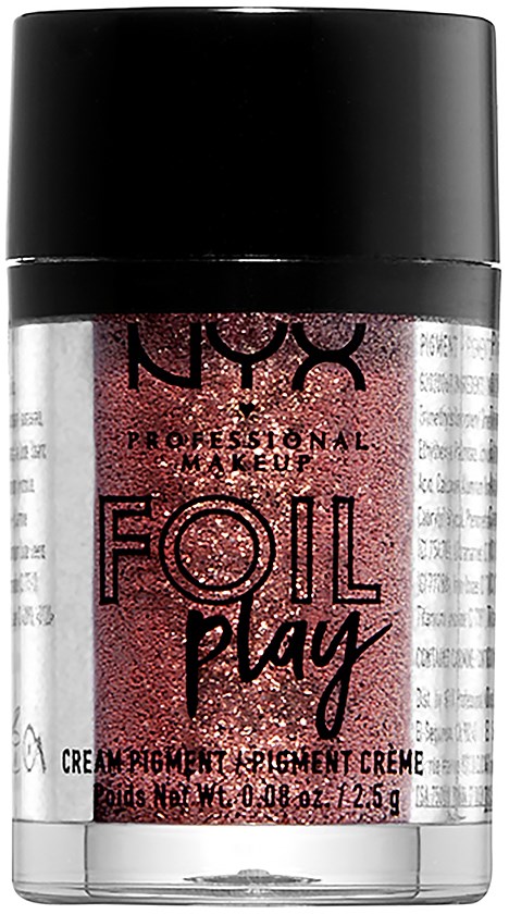 Glänsande rosa pigment i en klar behållare med svart lock, märkt NYX Foil Play.