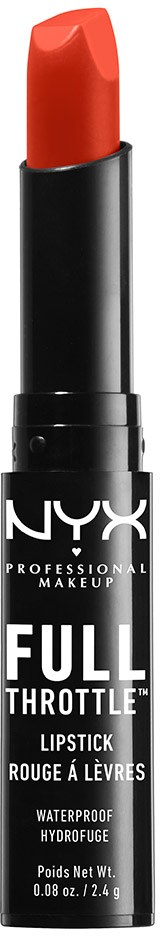 Röd läppstift i svart rör märkt NYX Full Throttle. Läppstiftet är glänsande och delvis använt.