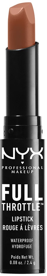 En svart läppstiftsrör med en beige läppstiftsstav inuti, märkt som NYX Full Throttle Waterproof Lipstick.