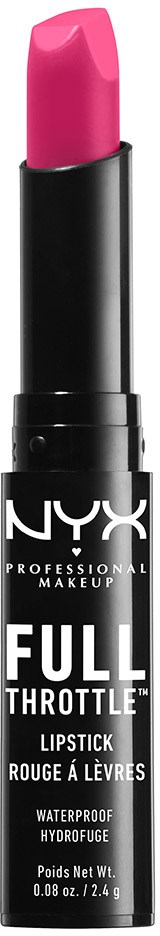 Ett ljust rosa läppstift i ett svart hölje med vit text, märkt NYX Full Throttle.
