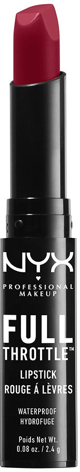 En röd läppstift i ett svart rör med vit text märkt NYX, står upprätt.