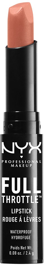 En beige läppstift i svart hölje med vitt NYX-logga, märkt 'Full Throttle Lipstick' och 'Waterproof' i vitt text.