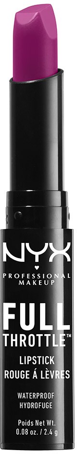 Ett lila läppstift i ett svart hölje med 'NYX' på, märkt 'Full Throttle.'