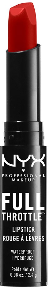 Ett rött läppstift i en svart tube med vitt text säger NYX, Full Throttle och vattentät.