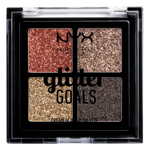 Four glittery eyeshadow shades in a black compact, with the words "glo' goals" on the cover.