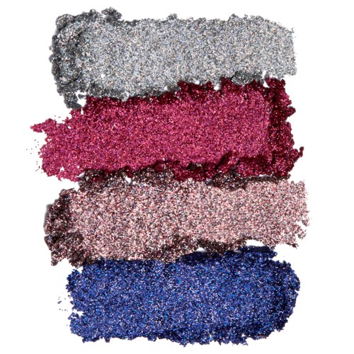 Four horizontal stripes of glitter in silver, pink, light pink, and blue colors.