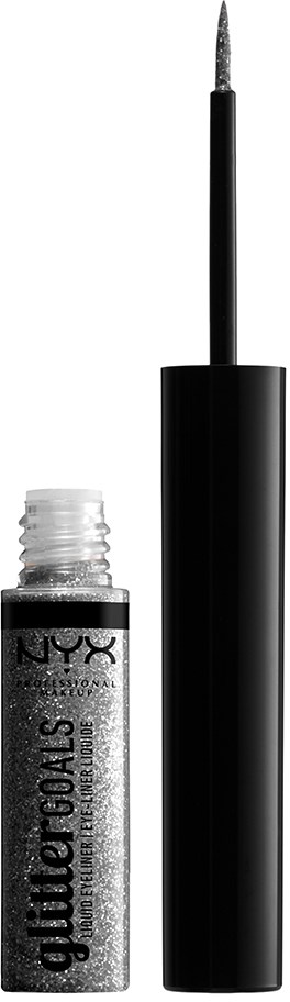 En silverglittrig vätska med en tunn appliceringsborste och svart lock, märkt 'NYX Glitter Goals'.