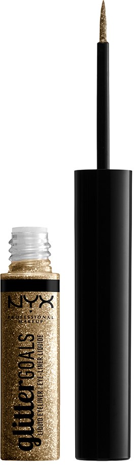 Gold-glitzernde Flüssigkeit in einer kleinen weißen und klaren NYX-Flasche, mit einem schwarzen Pinsel, der aus einem schwarzen Röhrchen herausragt.