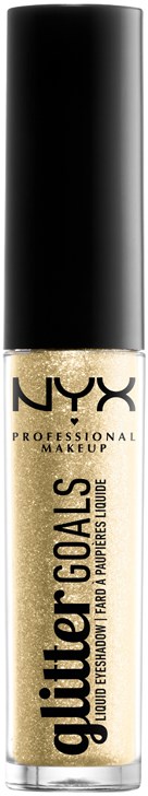 Eine Tube NYX Glitter Goals flüssigen Lidschatten in Goldfarbe mit schwarzem Deckel.