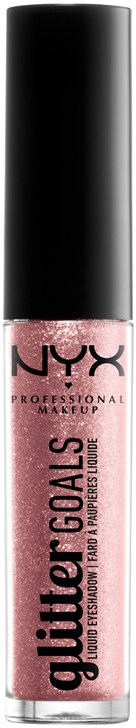 Eine Tube NYX Glitter Goals flüssigen Lidschatten, pink mit schwarzem Deckel, für funkelnde Augen.