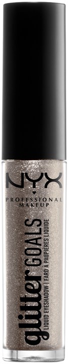 Ein NYX glitzernder Lippenstift mit schwarzem Deckel, gekennzeichnet 'glitter Goals'.