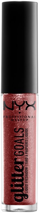 Eine Tube NYX Glitter Goals flüssiger Glitzer mit schwarzem Deckel und pinkem Glitzer im Inneren.
