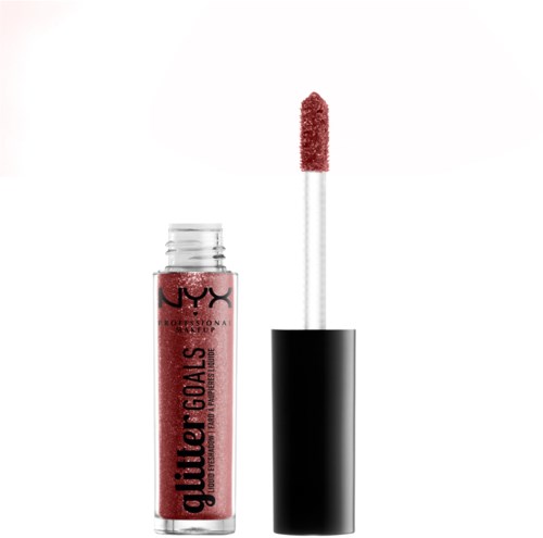 Eine Tube NYX Glitter Goals Lipgloss mit Applikator und rosa Glitzer.