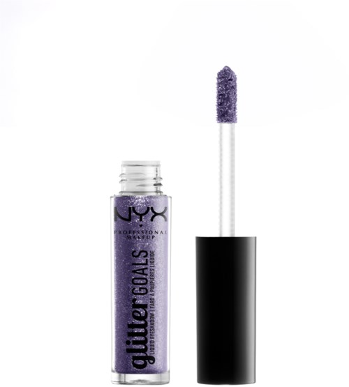 A purple glitter lip gloss in a clear tube with a black cap and a wand applicator.