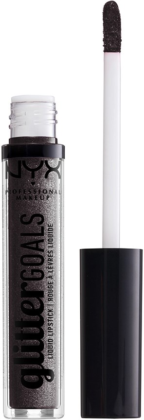 A black and silver NYX lip gloss tube with an attached applicator wand and a black cap.
