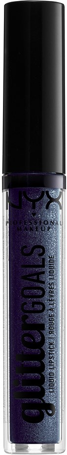 A lip gloss tube with black cap and purple shiny liquid inside.