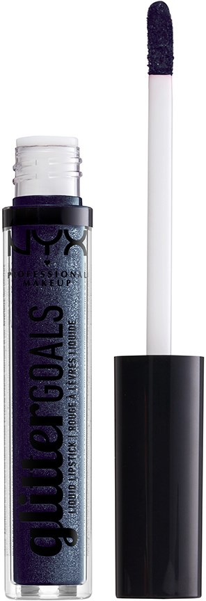 A small tube of purple liquid makeup with a black cap and a wand applicator showing. The tube has text on it.
