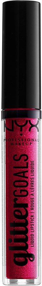 Ein Lippenstift mit rosa Farbe, schwarzem Deckel und Beschriftung "Goals" und "Lip Gloss".