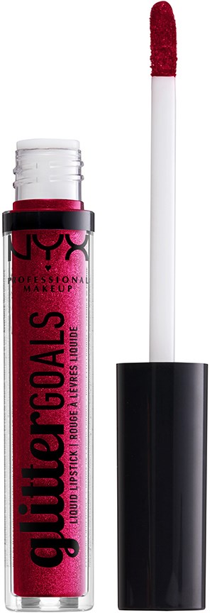 Lippenstift mit schwarzem Deckel und rotem Applikator. Beschriftung lautet "NYX Professional Makeup" und "glitter goals."