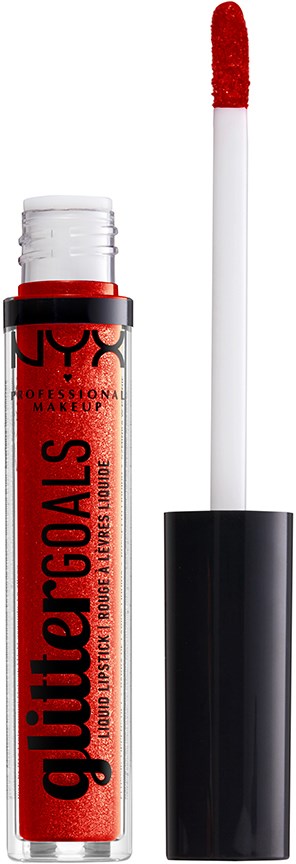 Roter Lippen-gloss mit weiß-roter Applikatorbürste und schwarzem Deckel.