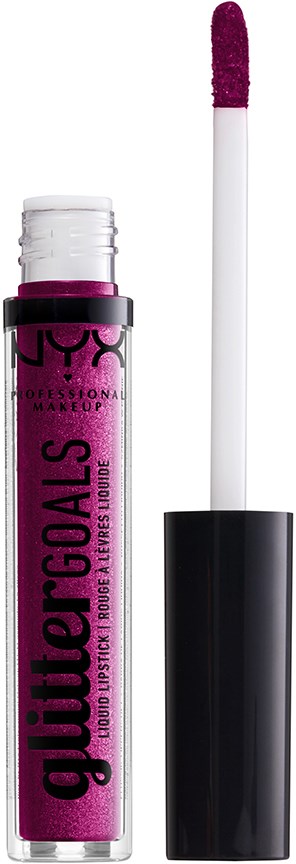 Ein Tube mit rosa Lipgloss und einem weißen Applikatorstab, steht aufrecht.