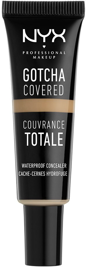 En tub med vattentät concealer från NYX med svarta och beige färger och vit text.