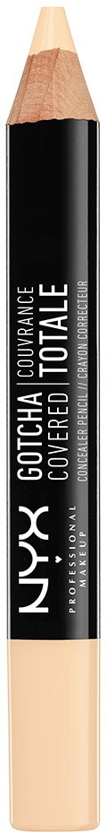 En svart og beige sminkepenn med hvit tekst, merket NYX og Gotcha Covered, brukt til concealer.