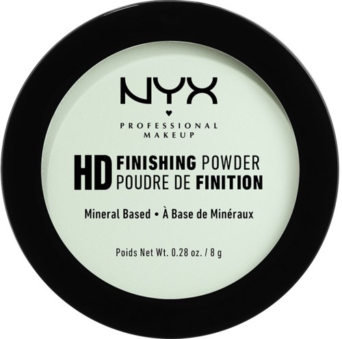 Pyöreä NYX HD Finishing Powder -purkki, mineraalipohjainen, valkoinen etiketti ja musta kansi.