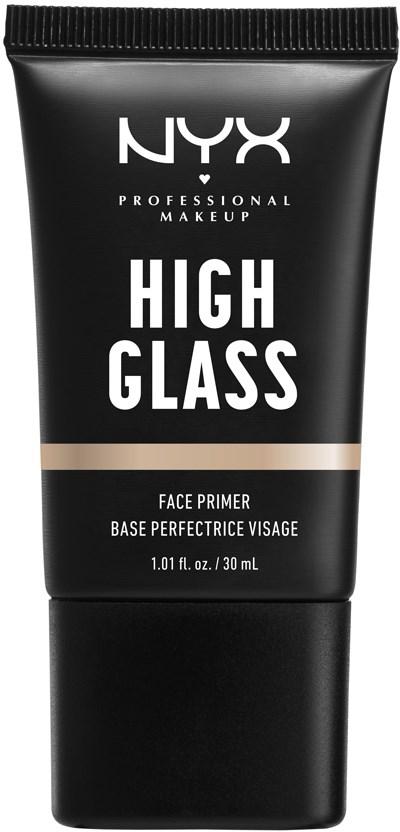 Czarna tubka NYX High Glass Face Primer z białym i beżowym tekstem.