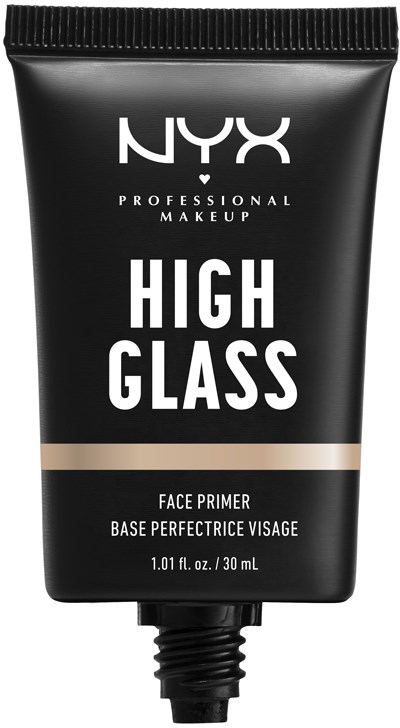 Czarna tubka NYX High Glass baza pod makijaż z beżową kreską i białym tekstem. Pojemność 1,01 fl oz lub 30 mL.