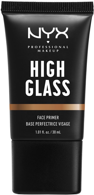 A black tube of NYX High Glass Face Primer with gold accent, labeled as a makeup product for the face.