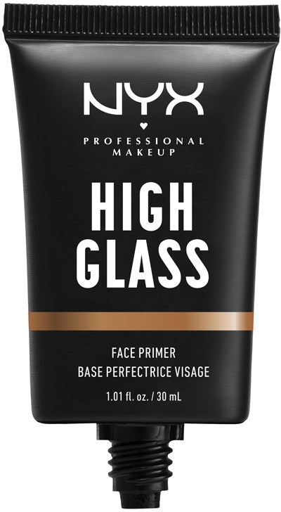 A black tube of NYX High Glass face primer with a brown line and white text.