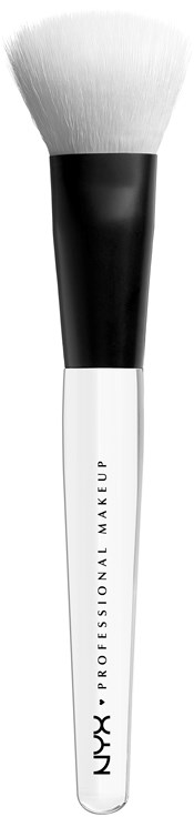 En makeupborste med vita borst, svart mellandel och vit handlistad 'NYX PROFESSIONAL MAKEUP'.