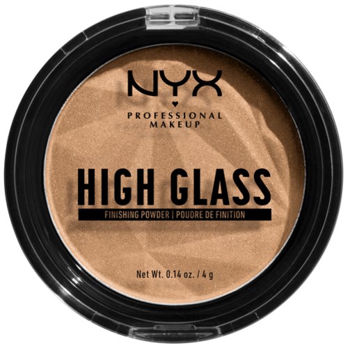 En rund behållare av NYX High Glass avslutspuder med svart lock, beige puder inuti och text på locket.