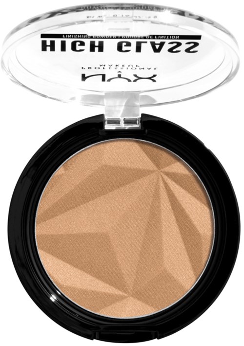 En compact makeup-puder med geometriskt mönster i ljusa bruna nyanser och ett genomskinligt lock med varumärkesnamn.