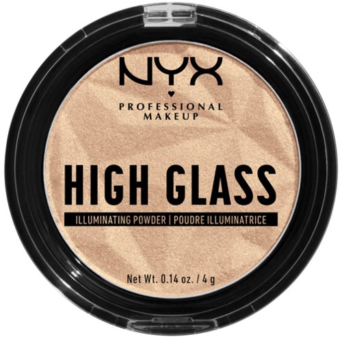 NYX High Glass lysreflekterande puder, beige med skimmer, i runt svart förpackning med tydligt lock.