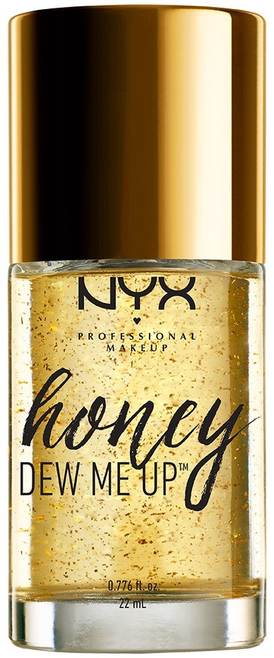 Pieni lasipullo, jonka kultaista kantta, täynnä kultahileistä nestettä, merkinnällä NYX Honey Dew Me Up.