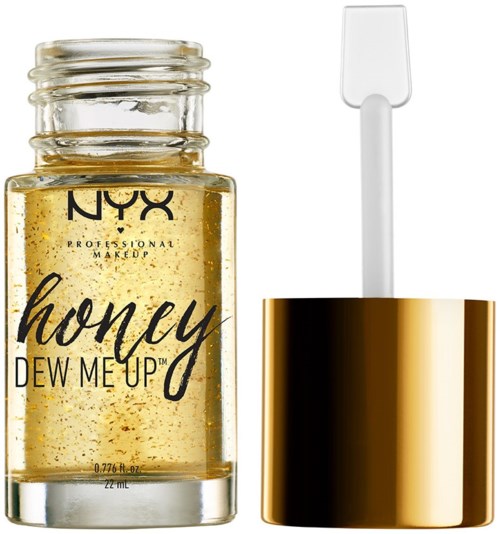 Pieni lasipurkki, jonka kansi on kultainen, sisältää hunajaa. Pulloon on kirjoitettu "NYX professional make up honey dew me up".