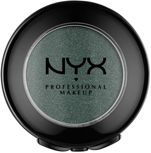 En rund behållare med NYX professionell makeup, med grönt glitter ögonskugga inuti.
