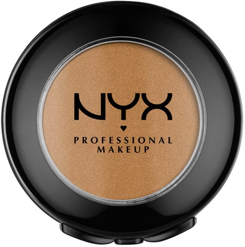 En rund liten behållare med NYX Professional Makeup, beige puder inuti och svart lock.